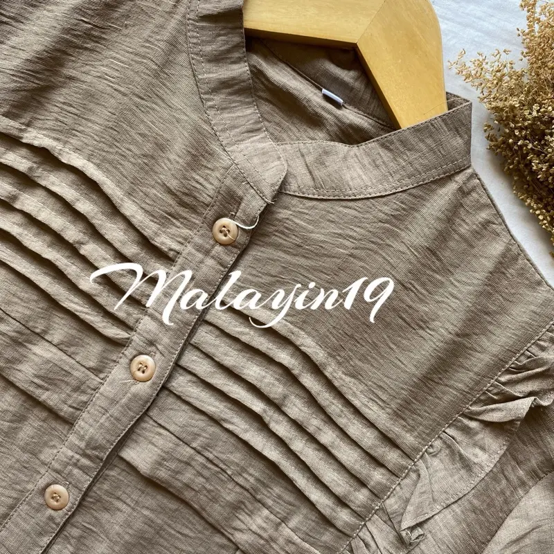 Malayin19 Mecca blouse kemeja wanita polos linen kekinian Baju kerja atasan panjang muslim dewasa Casual Formal Kerah Nyaman Basic Santai 5