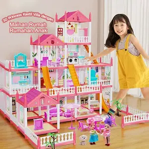 Mainan Rumah Rumahan Anak Perempuan 3D Princess Kastil Villa dengan Lampu dan Boneka Perakitan DIY Rumah Mainan