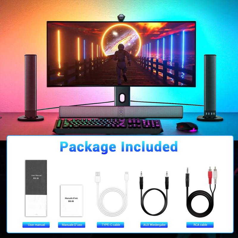 Small Bluetooth Sound Bar for TV, PC Speakers Soundbar 20W, Computer Soundbar for Monitor with USB, TF, FM, TWS, RCA & AUX Playback, 2000mAH Battery, Detachable 4