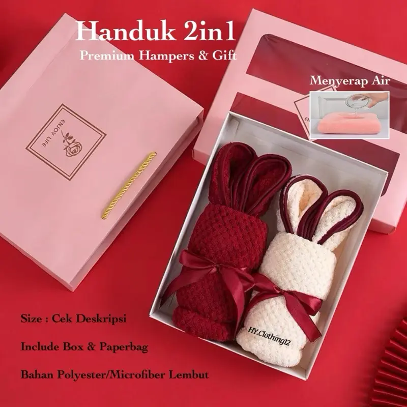 Handuk Mandi & Wajah Set 2in1 Motif Rabbit Premium Tebal Halus Hadiah Souvenir Pernikahan Hampers Kado Gift Towel Putih