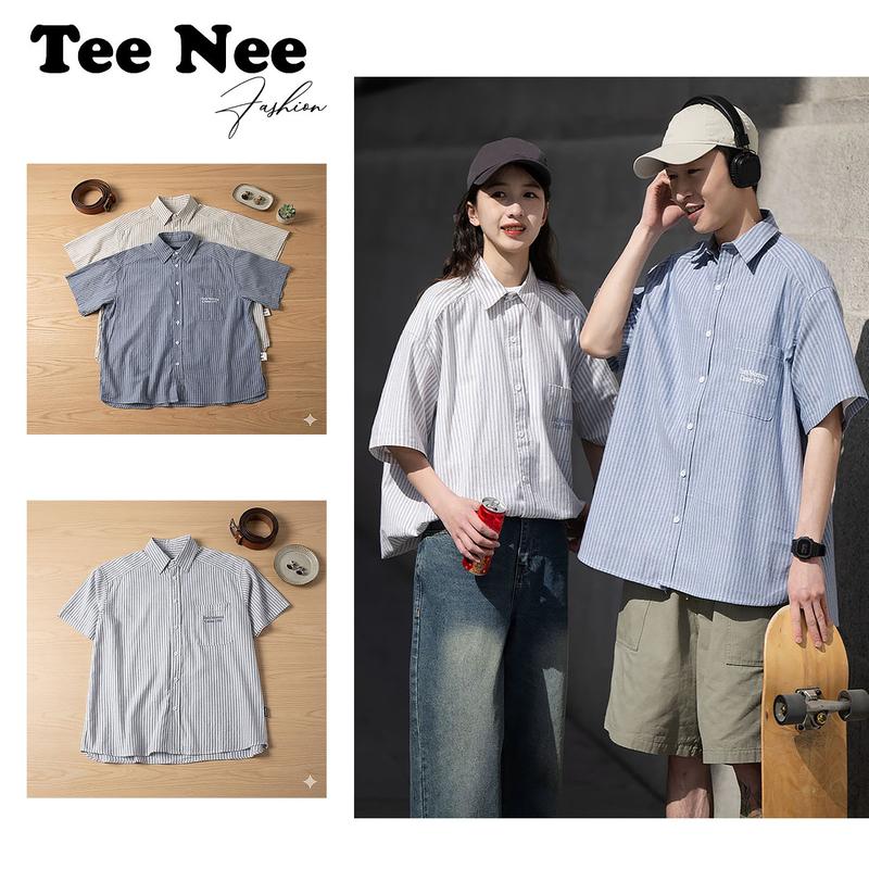[ DEAL MỞ BÁN ] Áo sơ mi ngắn tay TeeNee nam nữ Form Rộng Boxy Unisex chất liệu vải Cao Cấp Đứng họa tiết kẻ sọc