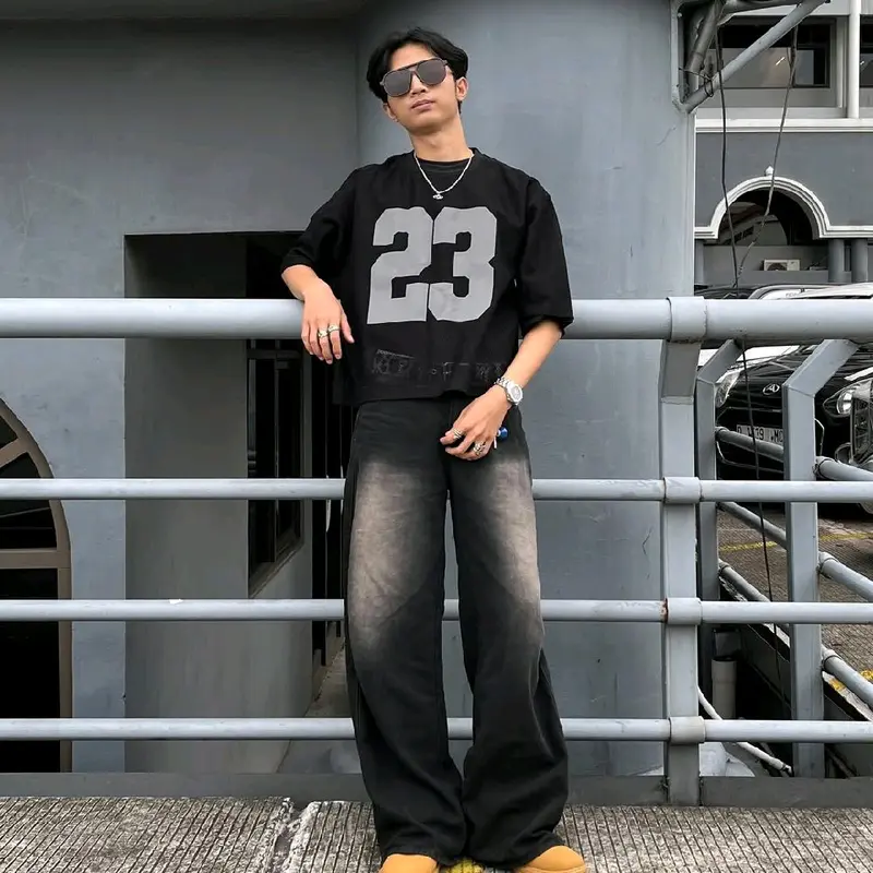 Celana Jeans Wishker Kulot Baggy Gombrong Pants Outfit Skena Gombrong Loose-fitting Y2K Shabby Chic Biru Hitam - Panjang, Wanita - Kaki Stretch Melar Denim 0