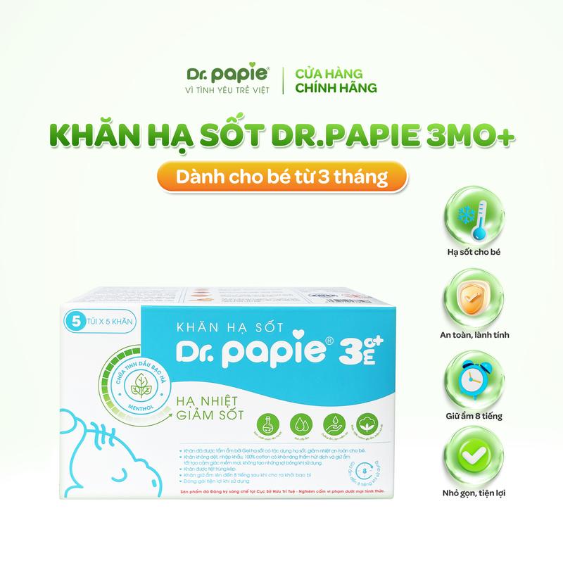 LIVE Khăn hạ sốt Dr.Papie 3+ hạ sốt vật lý chuẩn Nhi khoa ngăn ngừa co giật khi ốm sốt cho bé từ 3 tháng 25 khăn hộp