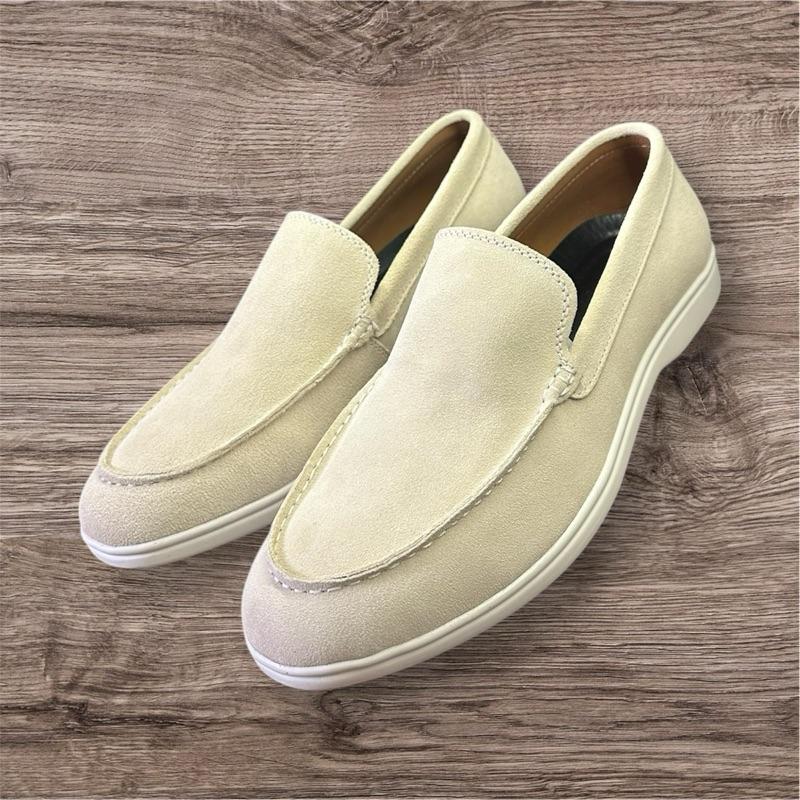 Loafer da bò ý cao cấp màu tan sữa giày lười nam da lộn đế cao su đúc 3cm