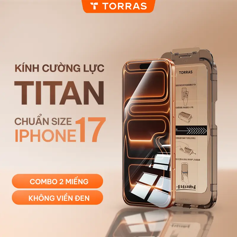 [Dành cho iPhone 17-13] Combo 1 hộp 2 miếng Kính cường lực TORRAS Titan, Không viền đen, Không lẹm màn, Bao Phủ Màn Hình 95% - 97%, Không cấn ốp, Cao cấp, Mượt mà, Hạn chế bám vân tay, Khung tự dán, Kèm dụng cụ lắp đặt, Dễ dàng lắp đặt