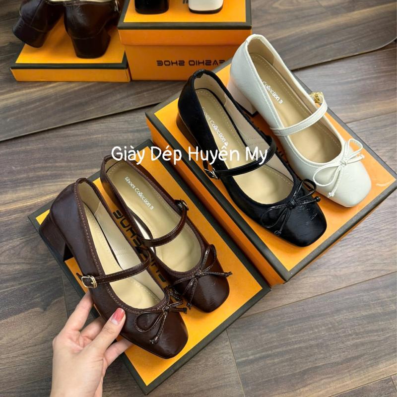 Giày búp bê nữ 3P đế vuông phối nơ chất xịn full hộp AH60