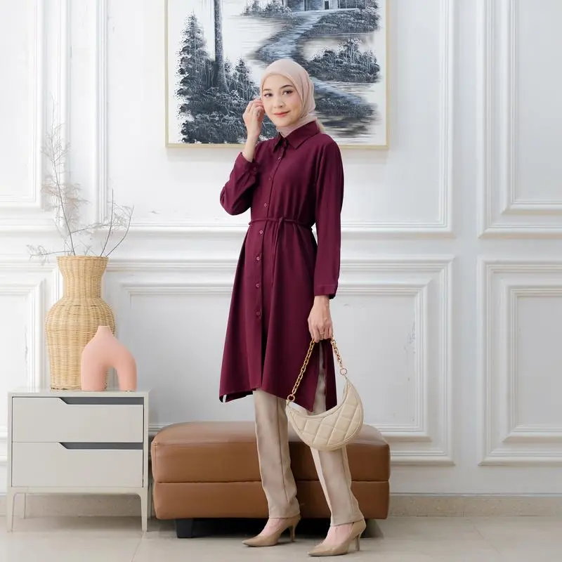 Tunik Burgundy Atasan Wanita Kain Shakilla Kancing Aktif