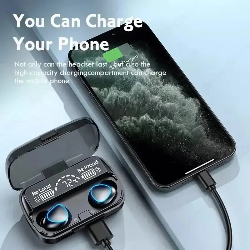 (COD) M10 Headset Bluetooth Full Bass Stereo 3500mAh Power Bank Wireless Earphone Tahan Air 2