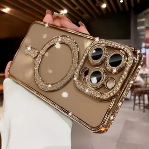 Desert Titanium Luxury Plating Glitter Diamond Magnetic Phone Case for iPhone 16 Pro Max 12 13 14 15 Pro Max Clear Soft Silicone Case Diamond Lens Camera Protective Cover
