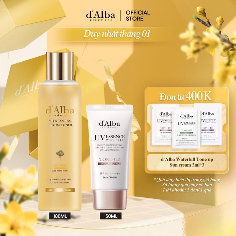   COMBO  Toner Cấp Ẩm Vita Toning Serum Toner 180ml & Kem Chống Nắng Nâng Tone Tự Nhiên Tone-up Suncream 50ml 