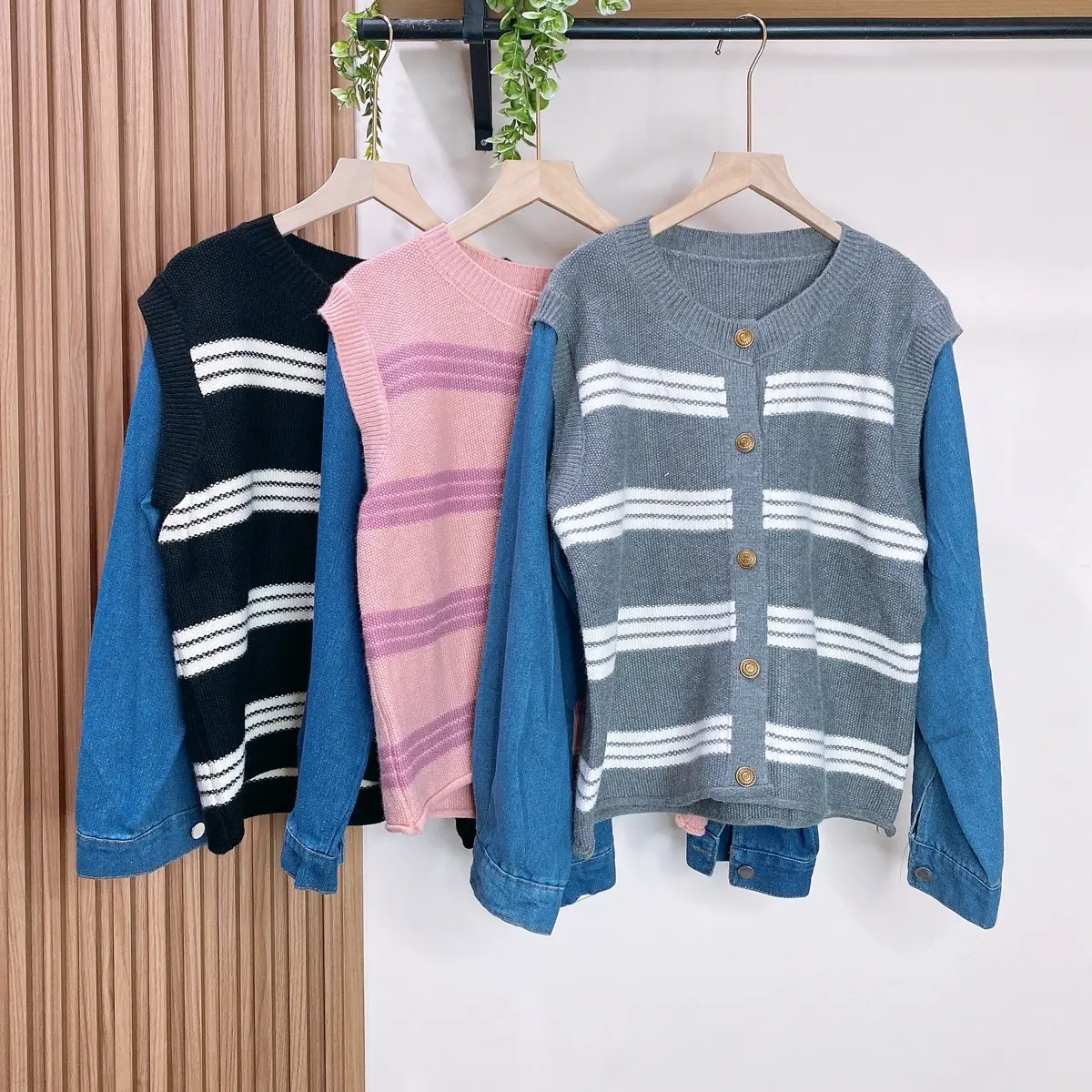 BLOUSE DENIM KNIT PREMIUM Knitwear Atasan Wanita Panjang Cardigan Top