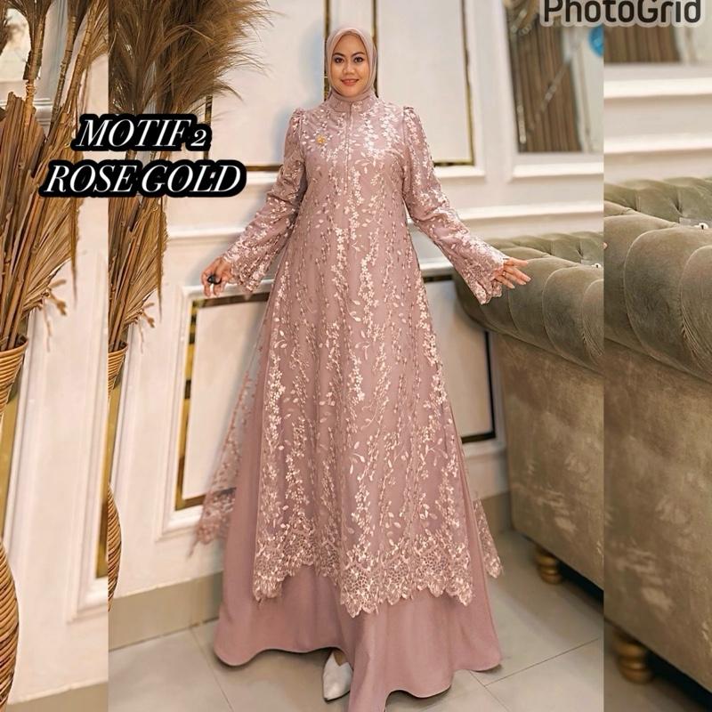 Queenasyari - Jasmine Dress (Hanya Gamis) Jumbo  Bahan Soft Twill Marbella mix Brukat Gamis Wanita Muslim  Lembut Maxi Panjang Mewah Pesta Kondangan Lebaran Trend 2026  Nyaman