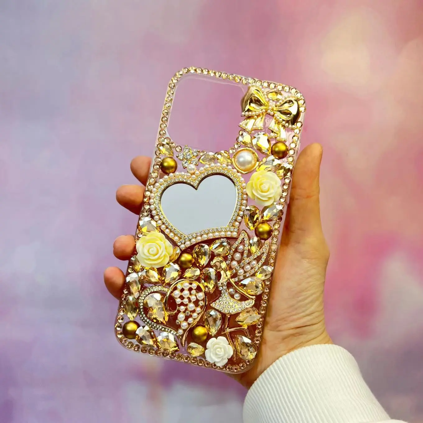 Golden Fairy with Crown Mirror Light Luxurious Style Bling Rhinestone Phone Case compatible with iphone 16 12 11 pro max 13 14 15 plus -with chain