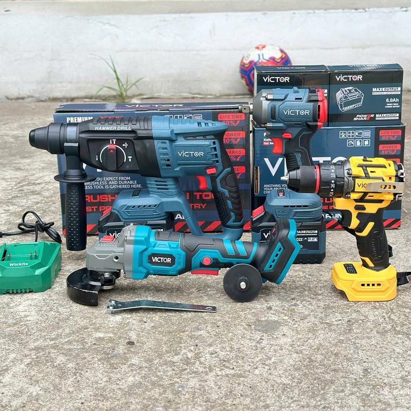 Combo 4 Máy Khoan Pin, Mài Pin, Siết Bulong, Khoan Bê Tông Victor 2 Pin 15 Cell Không Chổi Than Chân Pin Phổ Thông