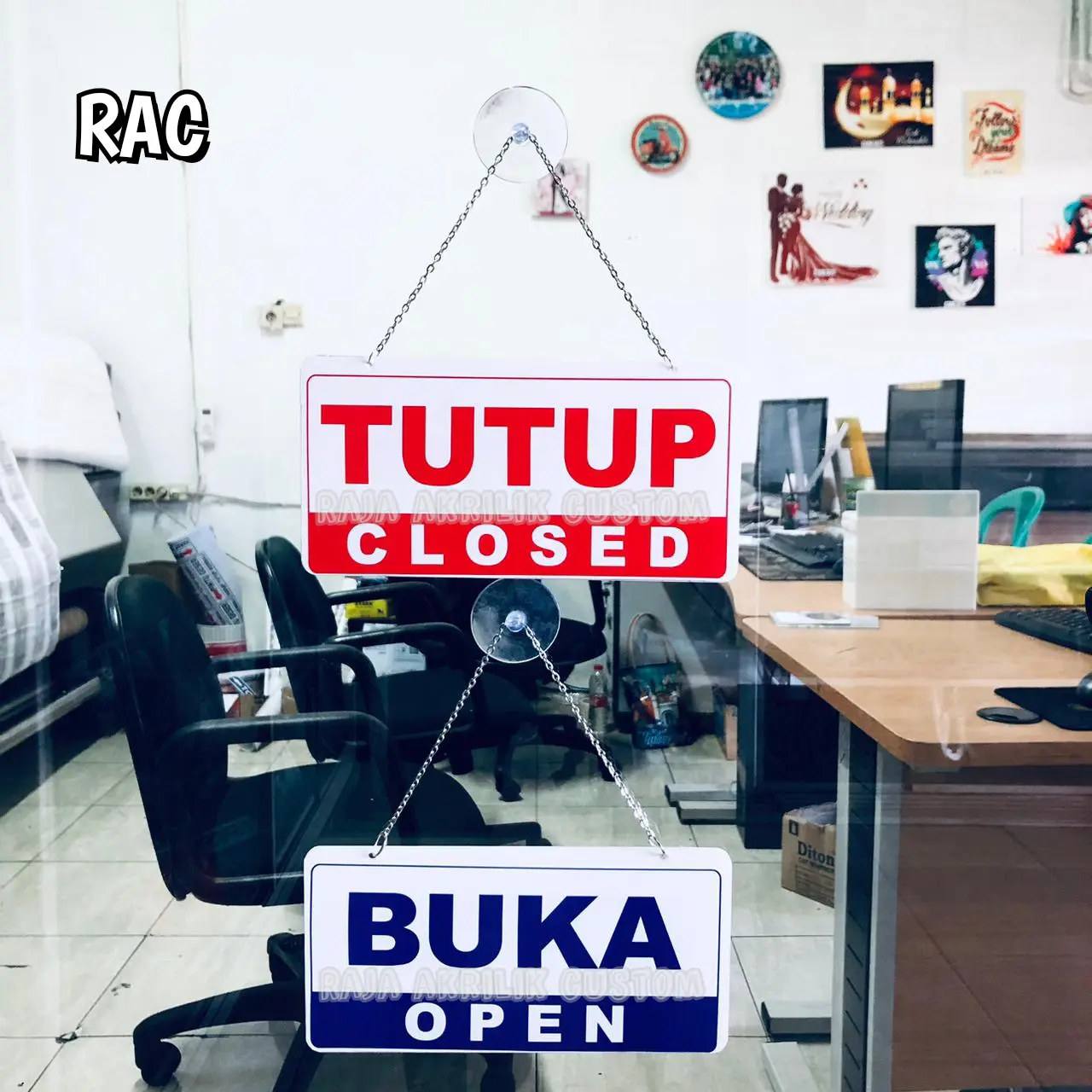 Buka Tutup - Papan Akrilik Gantung / Hanging Acrylic Sign Bolak Balik