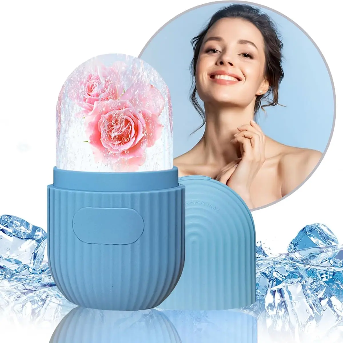 Ice Roller for Face and Eye, Silicone Ice Facial Roller Ice Holder, Face Ice Mold Skin Care, Face Icers Reusable Ice Cube Roller for Shrink Pores Anti Wrinkle Reduce Puffiness, Blue