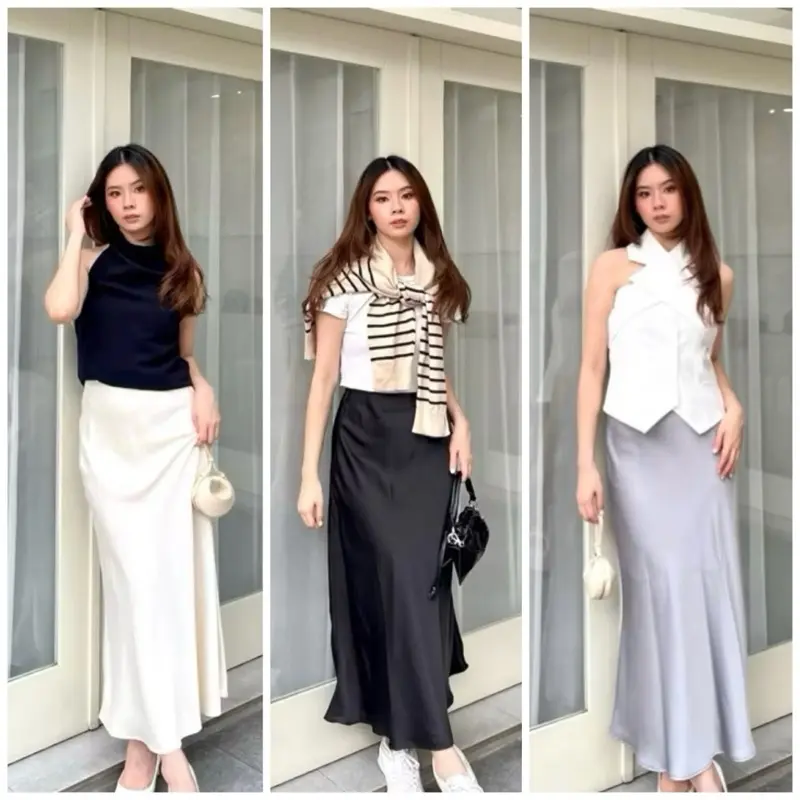 Rok Satin Panjang Long Satin Silk Skirt Karet Wanita High