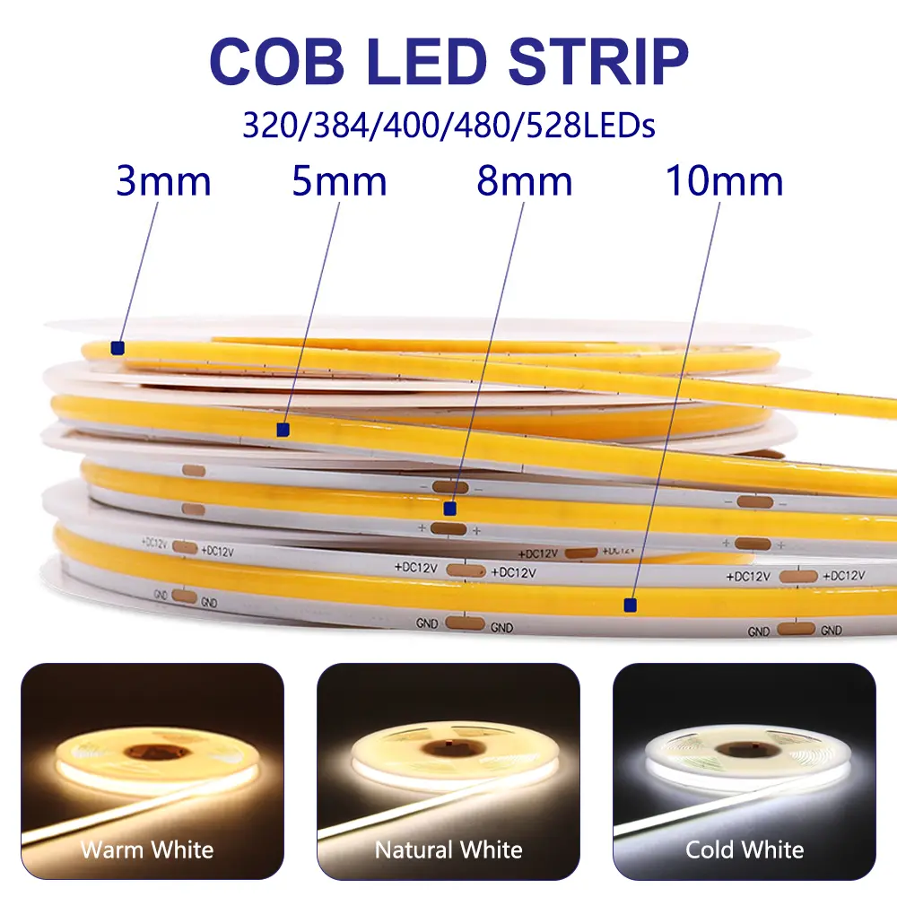 COOLEEON LED Strips Light 3mm 5mm 12V 24V Dimmable COB LED Tape 8mm 10mm COB LED Strip Flexible LED Lamp Warm Natural Cold for Room Decoration