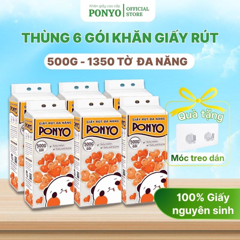 Thùng 6 Gói Khăn Giấy Rút Đa Năng Treo Tường Ponyo 500g, Dập Vân 4D - Thiên An Nam