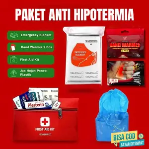 PAKET SURVIVAL HEMAT,Selimut tahan dingin,penghangat tangan,jas hujan camping gunung Tidur + P3k First Aid Kit