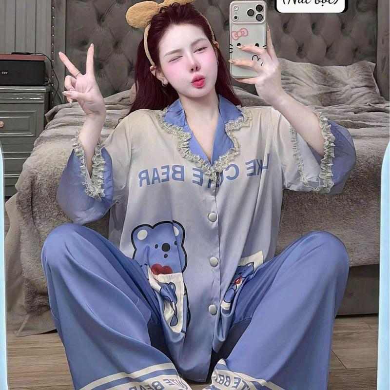 Size 40-60kg- Đồ Bộ Mặc Ở Nhà Lụa Latin Tơ Tằm Tay Lỡ Phối Ren Women Nữ In Hình 5D bộ ngủ đồ ngủ tay ngắn quần dài bộ ngủ lụa sang chảnh