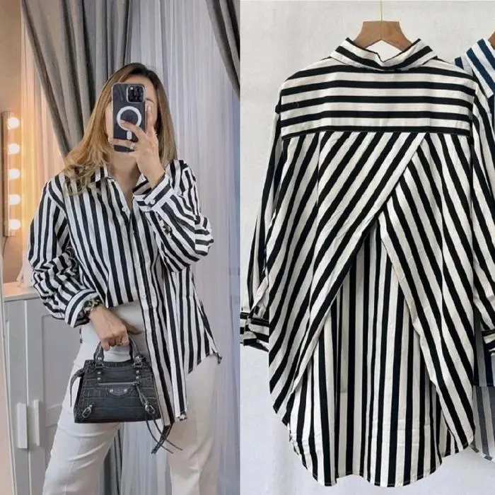 Kemeja Blouse Rayon Salur Stripe Wanita Oversize Silang Belakang Baju Atasan Nyaman viral korean outfit 0