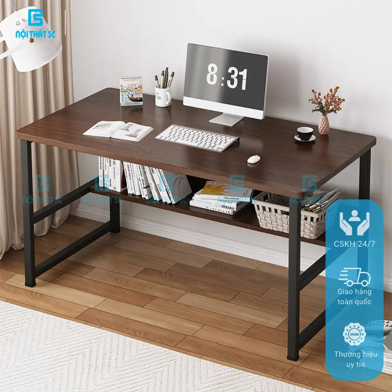 Bàn làm việc T-table kèm kệ lửng để sách để laptop sách vở học tập lắp ghép 0