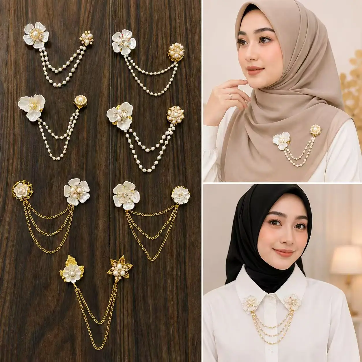 Bros Dada Hijab Rantai Menjuntai Model Bunga Mutiara Elegan / Bros Bahu Bros Kebaya Wanita Korea