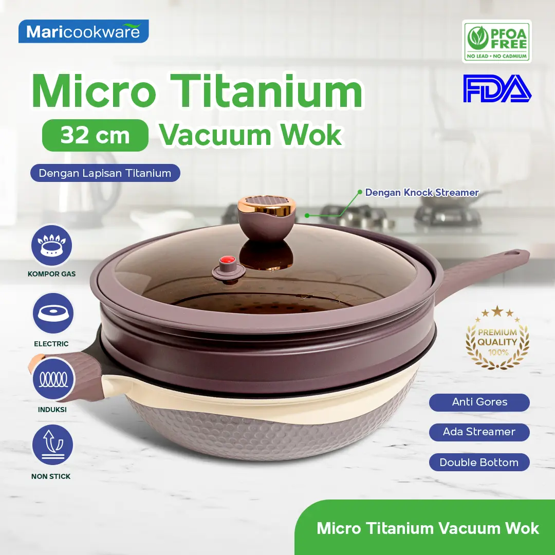 Micro Titanium Vacuum Purple Wok Pan Non-Stick Wajan Ungu Titanium Anti Lengket PFOA Free + Steamer + Lid
