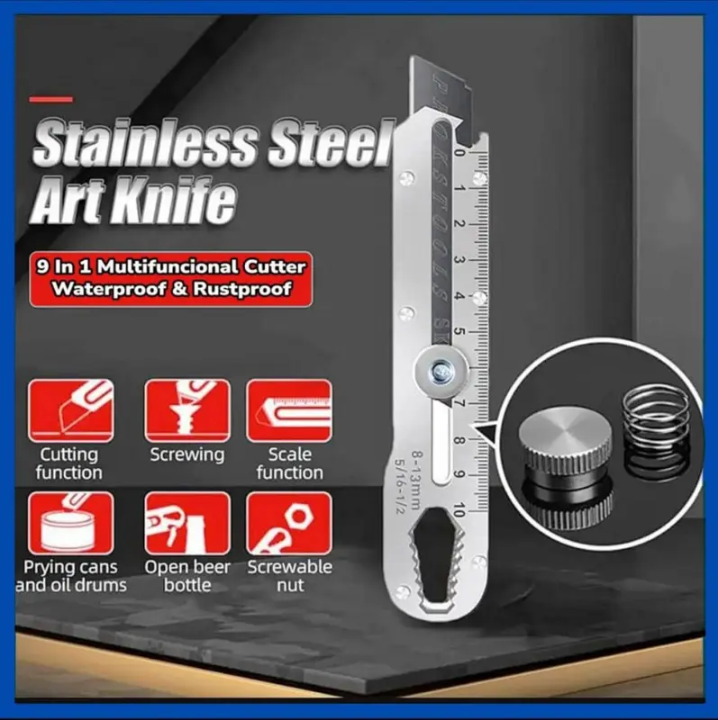 Pisau Cutter Stainless Multifungsi Pembuka Tutup Botol dan Penggaris Cutter 9 in 1 Serbaguna 1