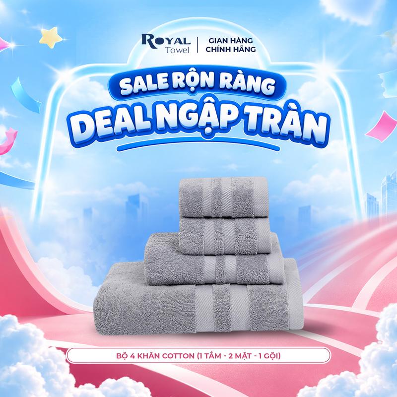 Bộ 4 Khăn Gồm 2 Khăn Mặt, 1 Khăn Gội, 1 Khăn Tắm 60x120cm Royal Towel Sợi…