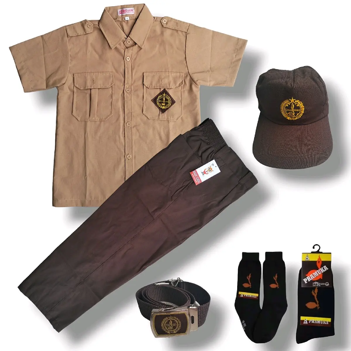 Setelan Pramuka SD Lengkap Baju Lengan Pendek Celana Panjang Coklat Anak Laki-Laki Kelas 1-6