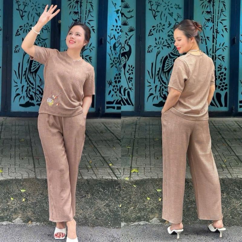 Đồ Bộ trung niên, Đồ bộ cho mẹ, Áo cổ tròn, Áo tay ngắn,quần chín tấc cho các mẹ vải đũi mát mẻ Ms45 Voi Tim Nữ Women Voan Top