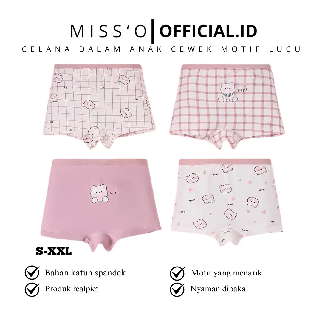Missoofficial.id CD1732 Celana Pendek Boxer Anak Perempuan Celana dalam CD Katun Motif Pink Kartun Lucu