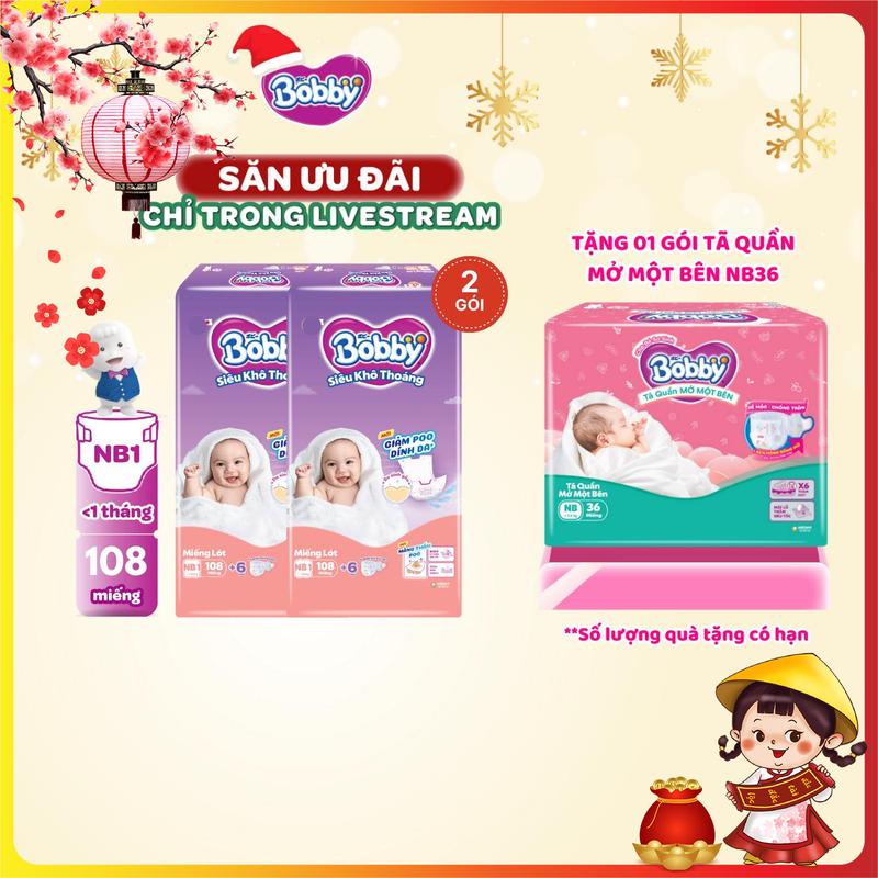 KOL COMBO 2-TẶNG TQMMB NB36 Bobby Miếng lót sơ sinh Newborn 1 - 108 miếng Siêu khô thoáng NB1 - 108 bao bì ngẫu nhiên