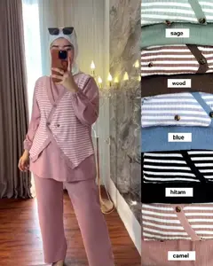 ONE SET KNIT SALUR MIX RAJUT POLOS SETELAN INNER GARIS - GARIS CELANA SNOW RIB TERBARU ONESET ROMPI JUMBO OVERSIZE KEKINIAN Atasan Karet Variasi Panjang Muslim Baju Wanita