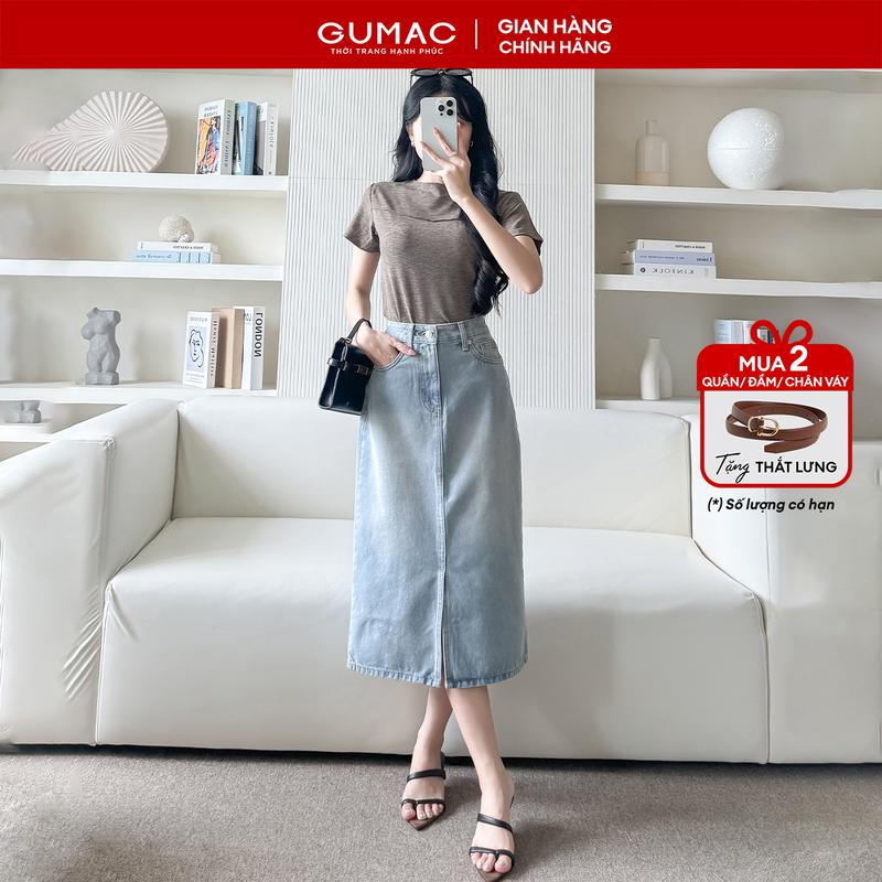 MUA 2 TẶNG THẮT LƯNG Chân váy nữ jean midi xẻ tà trước có túi hàm ếch thời trang GUMAC - Gmorning YVJF09008
