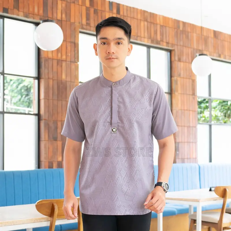 Baju Koko Pria Dewasa Kerah Shanghai Pria Premium Motif Embos Model Kancing Koko Kurta Pria Muslim NAUFAL Hitam Lengan Pendek Jahitan Rapi Kemko Atasan Spesial Lebaran 8