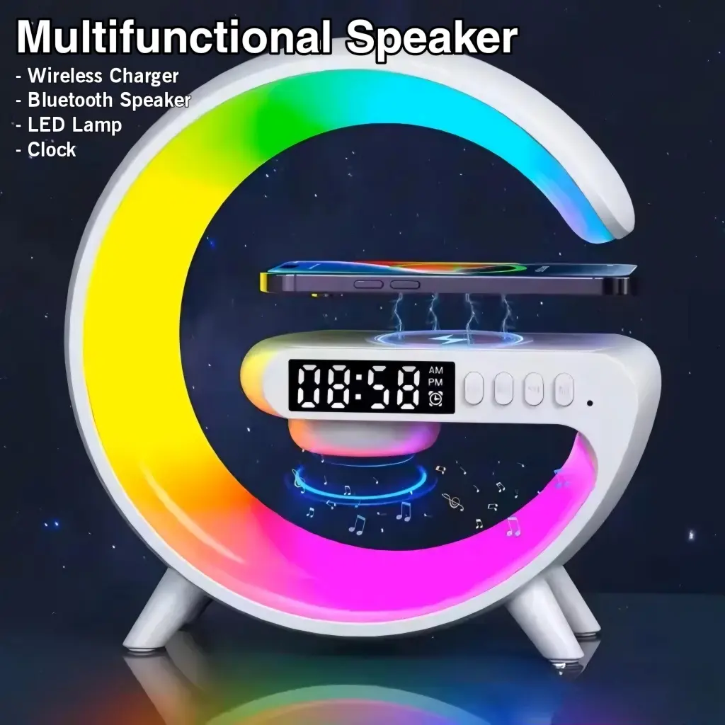 [SG Shop] Bluetooth Speaker 15W Fast Charging Multifunctional Wireless Charging Speaker with RGB Night Light Wireless Charging Mini Alarm Clock Desktop Ornament