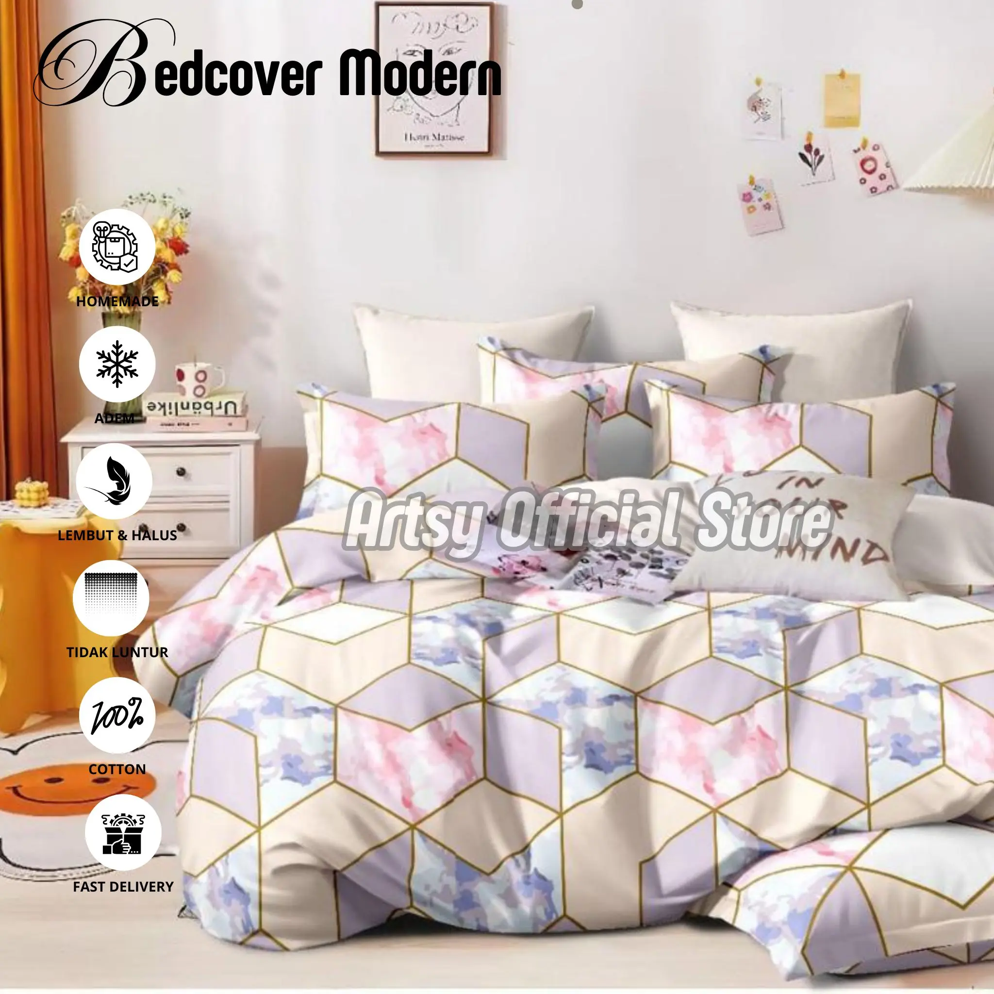 BEDCOVER Set Sprei Motif Terbaru | Bedcover Bahan Katun Lembut Adem Motif Bolak Balik Sama Bantal Karet
