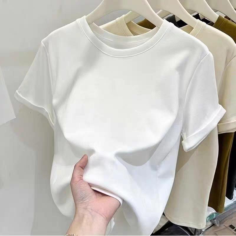 Áo Thun Ngắn Tay 100% Cotton Nguyên Chất, Màu Trơn Dành Cho Nữ, Dáng Rộng Rãi Và Dễ Phối Đồ, Cổ Tròn, Đế Vai Trước, Thích Hợp Cho Mùa Hè, Áo Trên 1