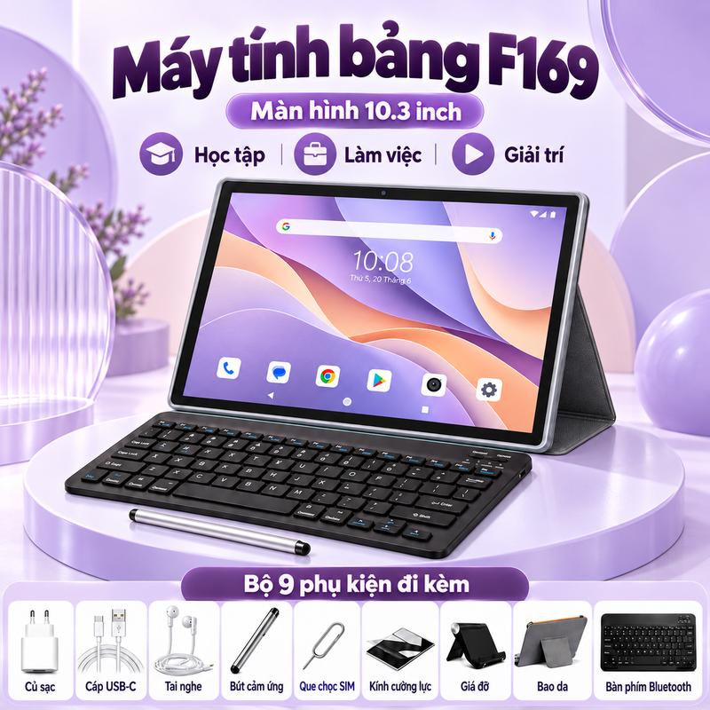 Tablet F169 Máy Tính Bảng Màn Hình HD 10.3 Inch, Hỗ Trợ 2 SIM 5G, Phục Vụ Học Tập, Đọc Tài Liệu Và Giải Trí