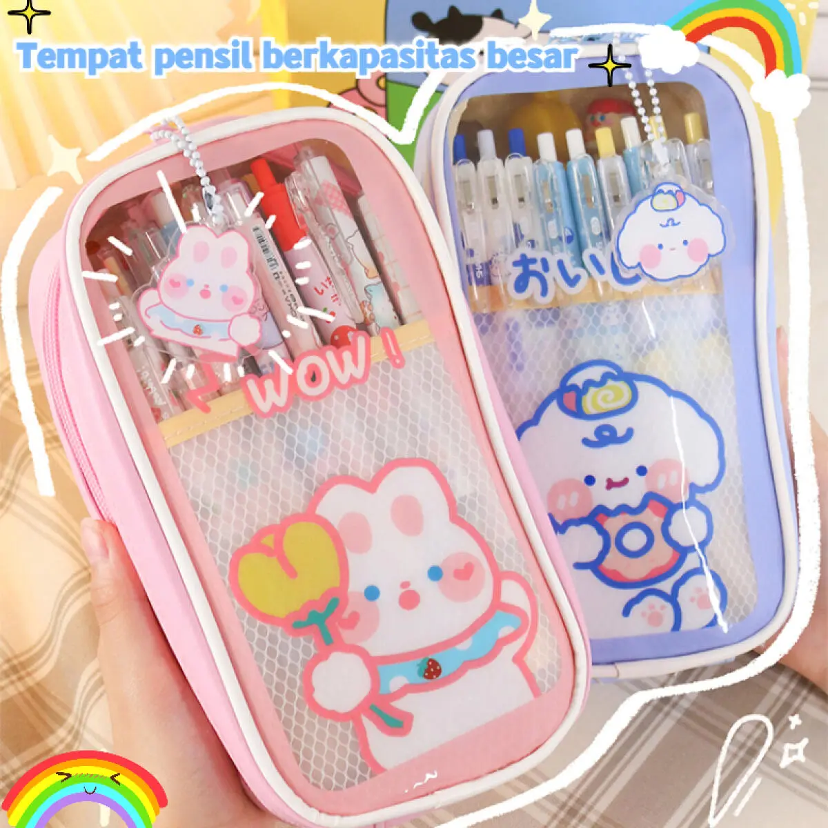 Kotak pensil cewek tempat  pensil pencil case Jumbo Banyak Slot Anti Air Transparan Cute Ins Korean Style Case Anak Transparan Motif Kartun Case Multifungsi Ala Pouch Serbaguna /  Alat Tulis  Pulpen Perlengkapan Sekolah Stationery Pink Blue Purple Cokelat