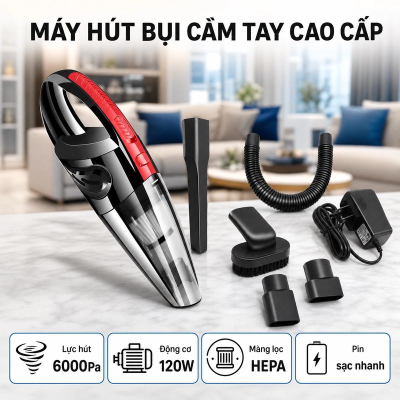 Máy Hút Bụi Cầm Tay Không Dây 5IN1 Lực Hút 6000PA Máy Hút Bụi Đa Năng Sạc Pin…