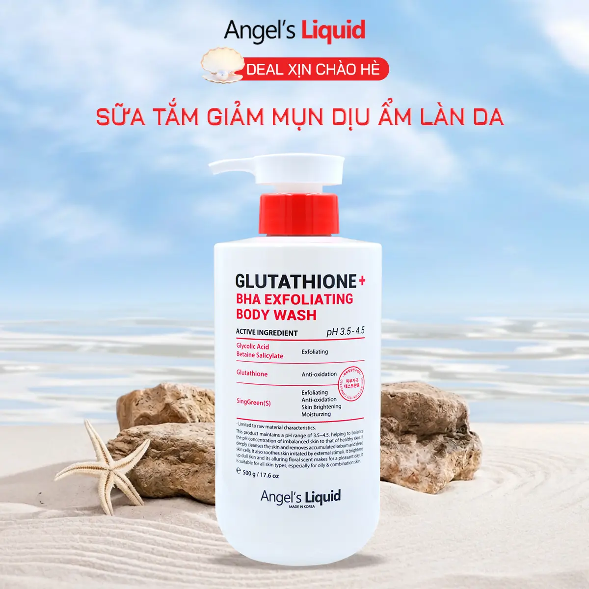 Sữa Tắm Hỗ Trợ Giảm Mụn, Dịu Ẩm Làn Da Angel's Liquid Glutathione + BHA Exfoliating Body Wash
