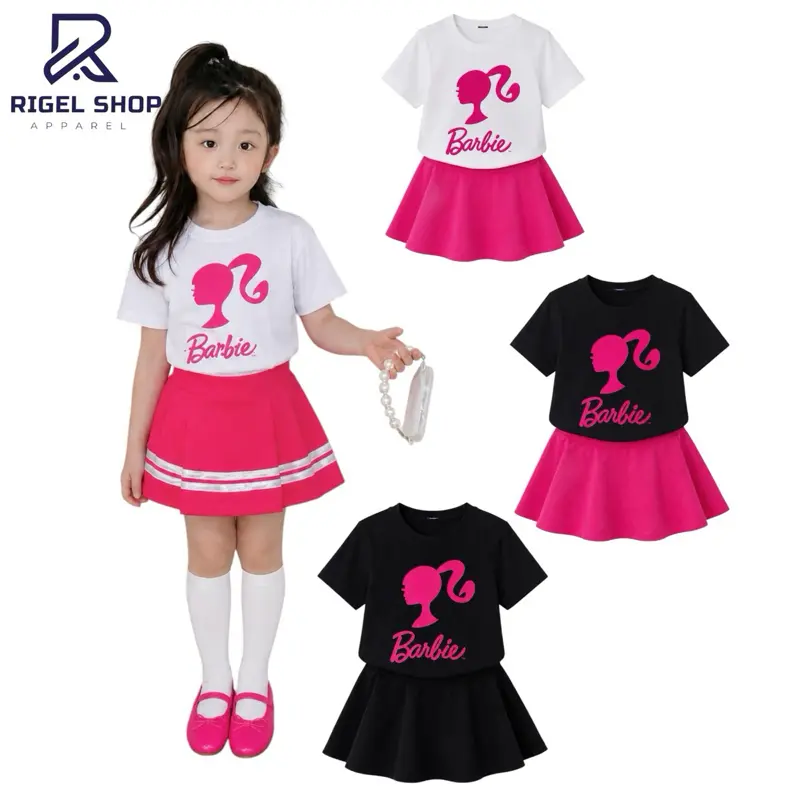 Setelan Kaos Rok BARBIE Anak Perempuan Katun Lengan pendek Polos Setrip outfit