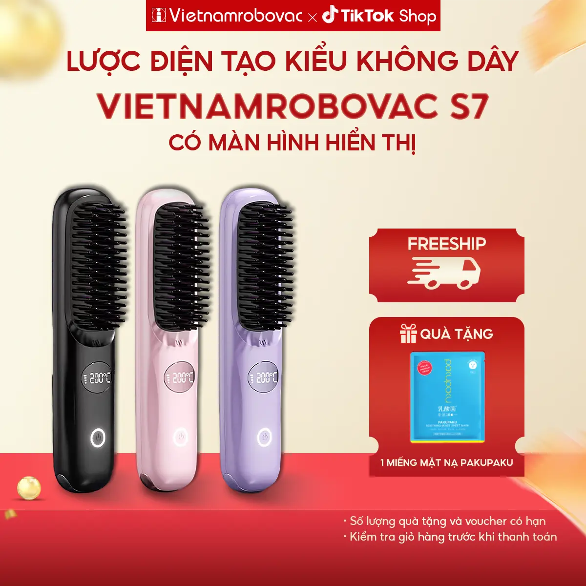 Lược Điện Mini Tạo Kiểu Không Dây Ion Âm Vietnamrobovac S7 - Răng lược làm bằng gốm Ceramic - Uốn Tóc và Duỗi Tóc Suôn Mượt