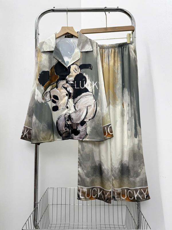 Đồ Bộ Pijama Nữ Lụa Mịn Latin, Thoáng Mát, Tay Ngắn Và Tay Dài Quần Dài In Họa Tiết Chuột Loang Màu  [Size 45-60kg và 61-75kg], Có Bigsize Women Nhung