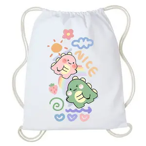 Tas Serut Dino - Stringbag Lucu Drawstring bag Olahraga Sekolah Travel Wanita Kanvas