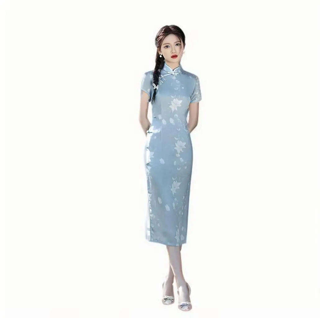 [Light blue flower printed short-sleeved cheongsam woman] The new slim, elegant and retro design adapts to women's daily/party scenes and deduces the charm of oriental classical fashion!